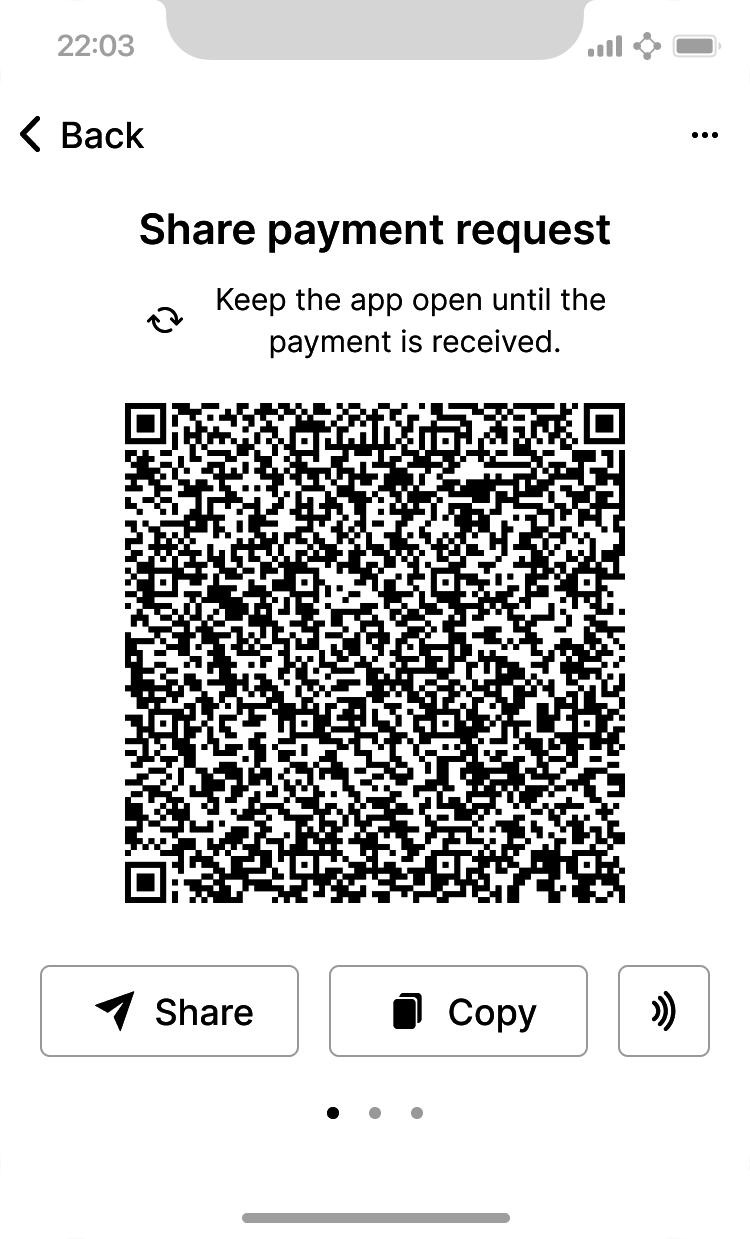 Wallet receive screen with QR code displayed. Image derived from Bitcoin Design Guide CC-BY