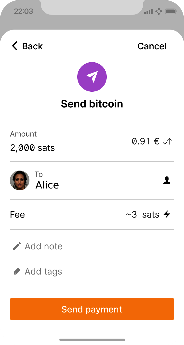 Wallet send screen. Image derived from Bitcoin Design Guide CC-BY
